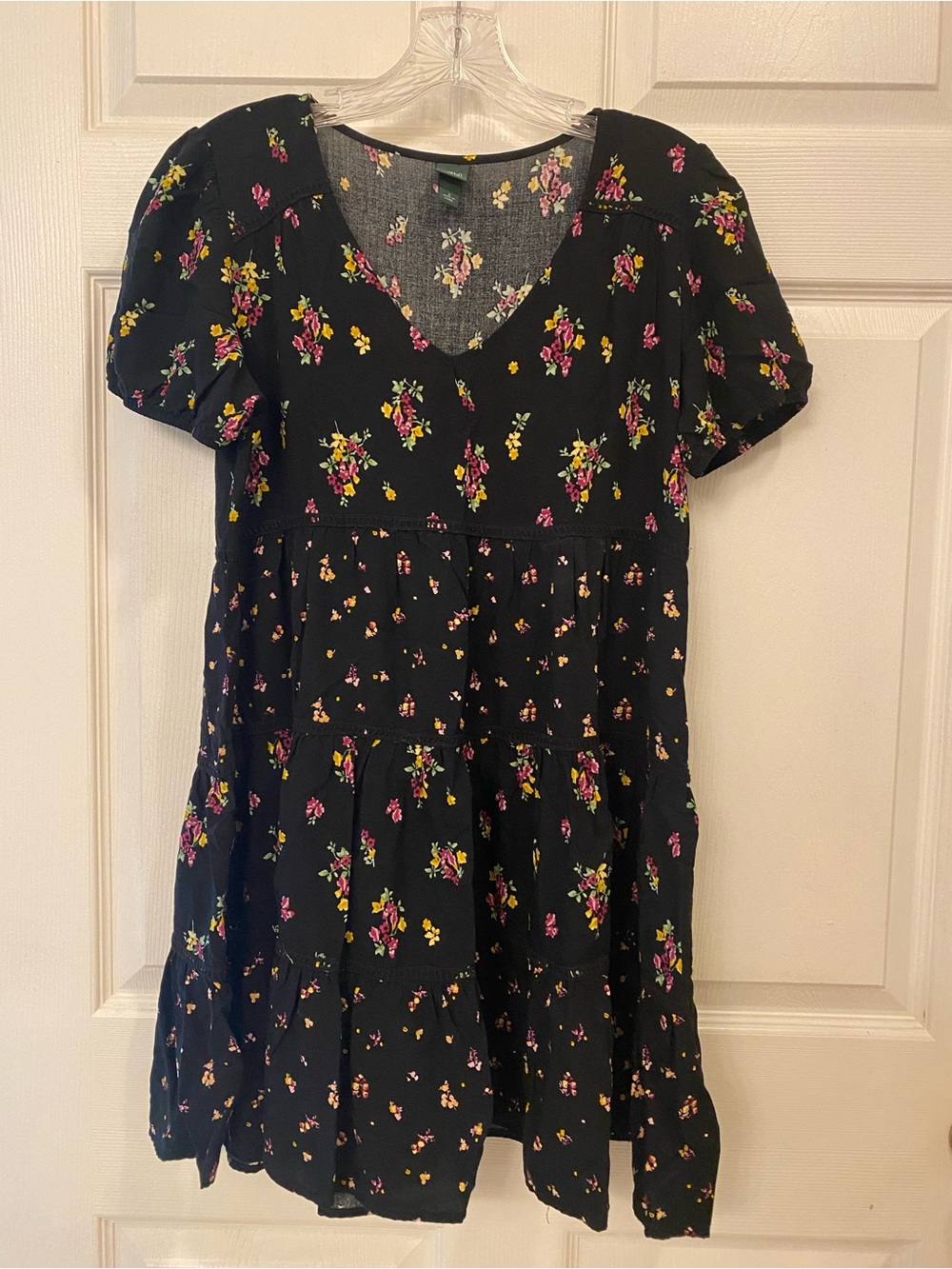 wild fable Black Floral Tiered Dress with Pink and Yellow Accents